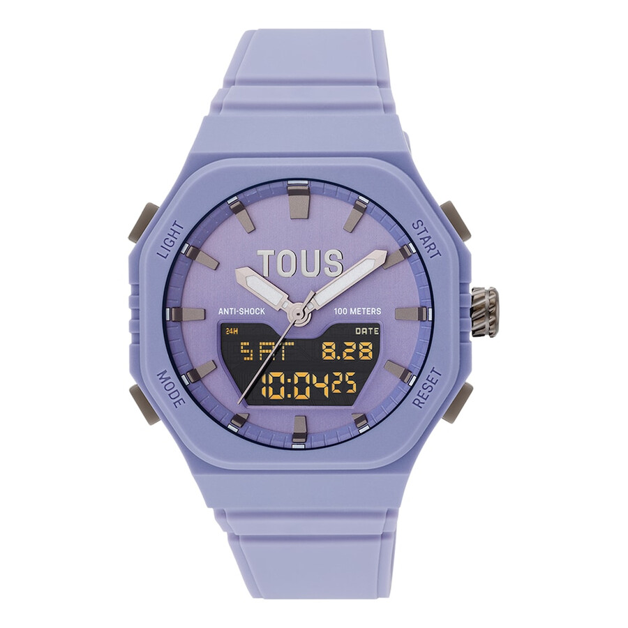 lilafarbene ip-stahl-analogdigital-uhr mit lilafarbenem nylonarmband