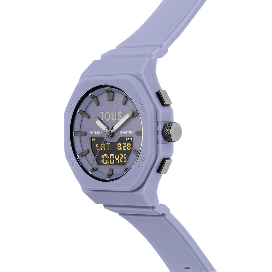 lilafarbene ip-stahl-analogdigital-uhr mit lilafarbenem nylonarmband