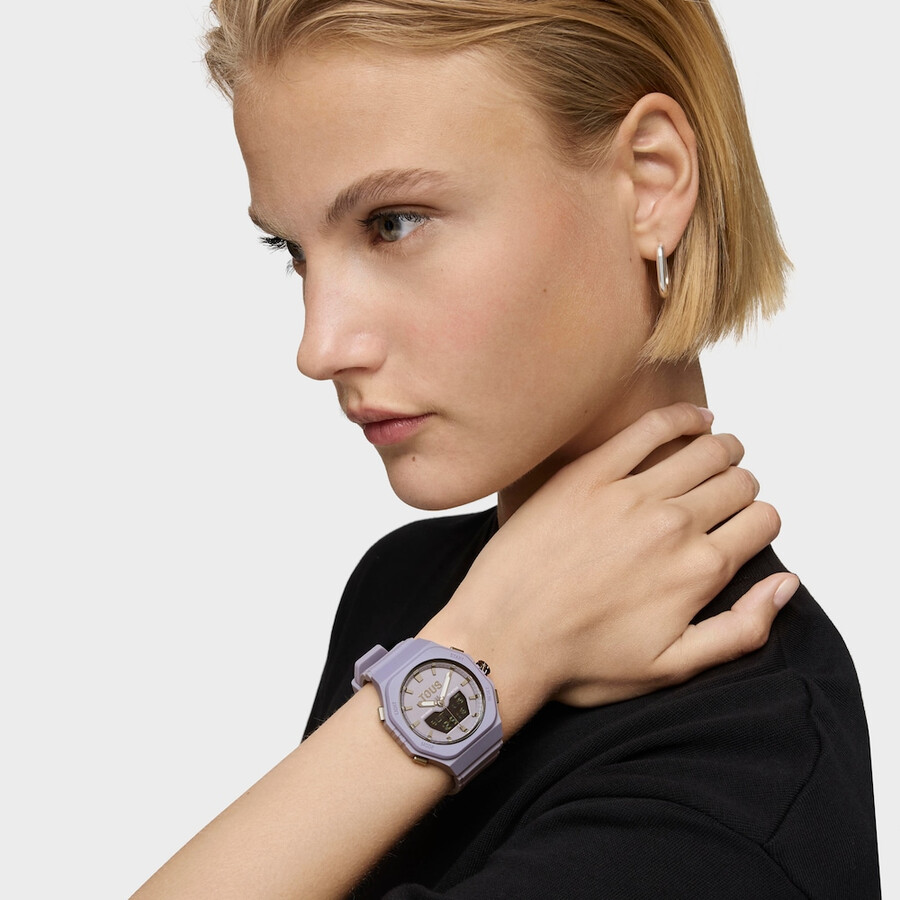 lilafarbene ip-stahl-analogdigital-uhr mit lilafarbenem nylonarmband
