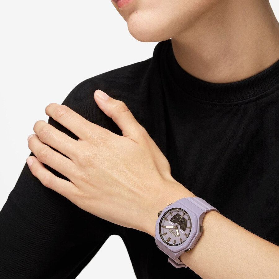 lilafarbene ip-stahl-analogdigital-uhr mit lilafarbenem nylonarmband