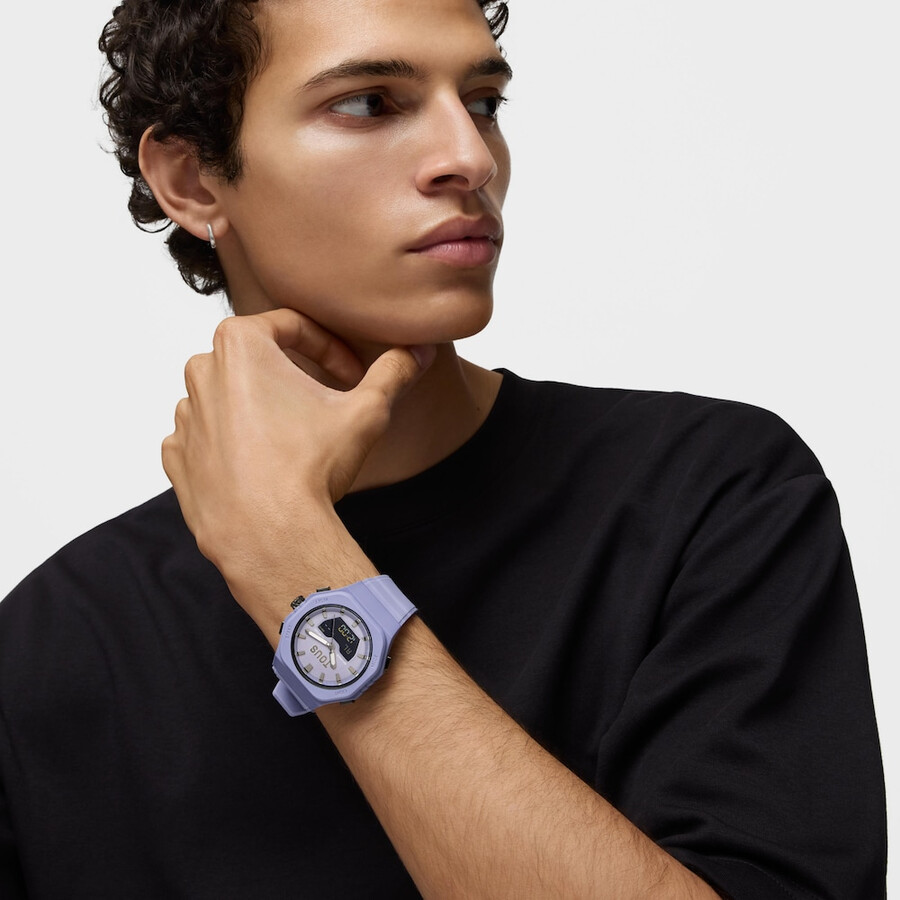 lilafarbene ip-stahl-analogdigital-uhr mit lilafarbenem nylonarmband