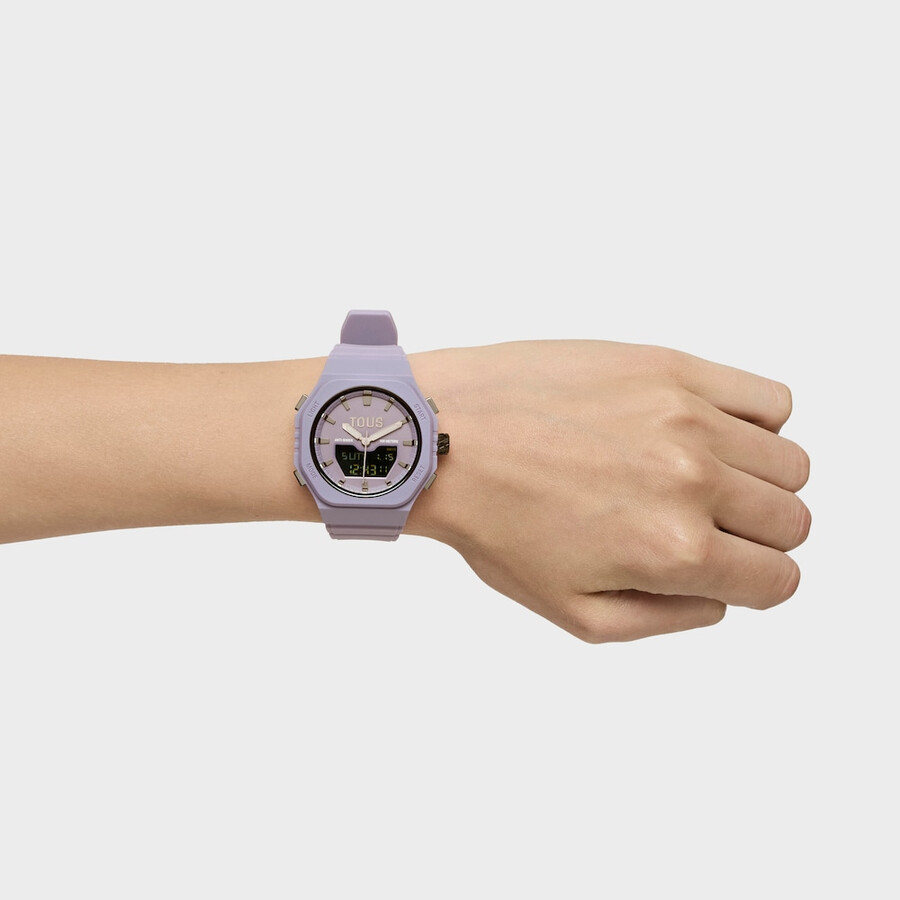 lilafarbene ip-stahl-analogdigital-uhr mit lilafarbenem nylonarmband
