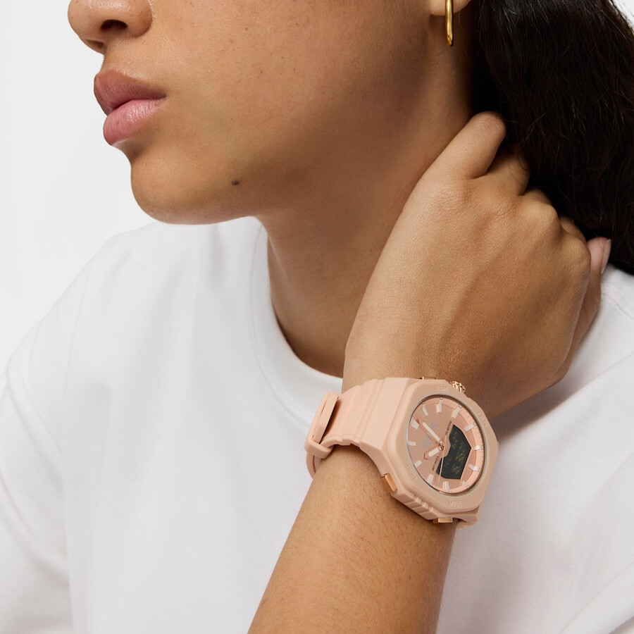 nudefarbene iprg-stahl-analog-digitaluhr mit rosa nylonarmband