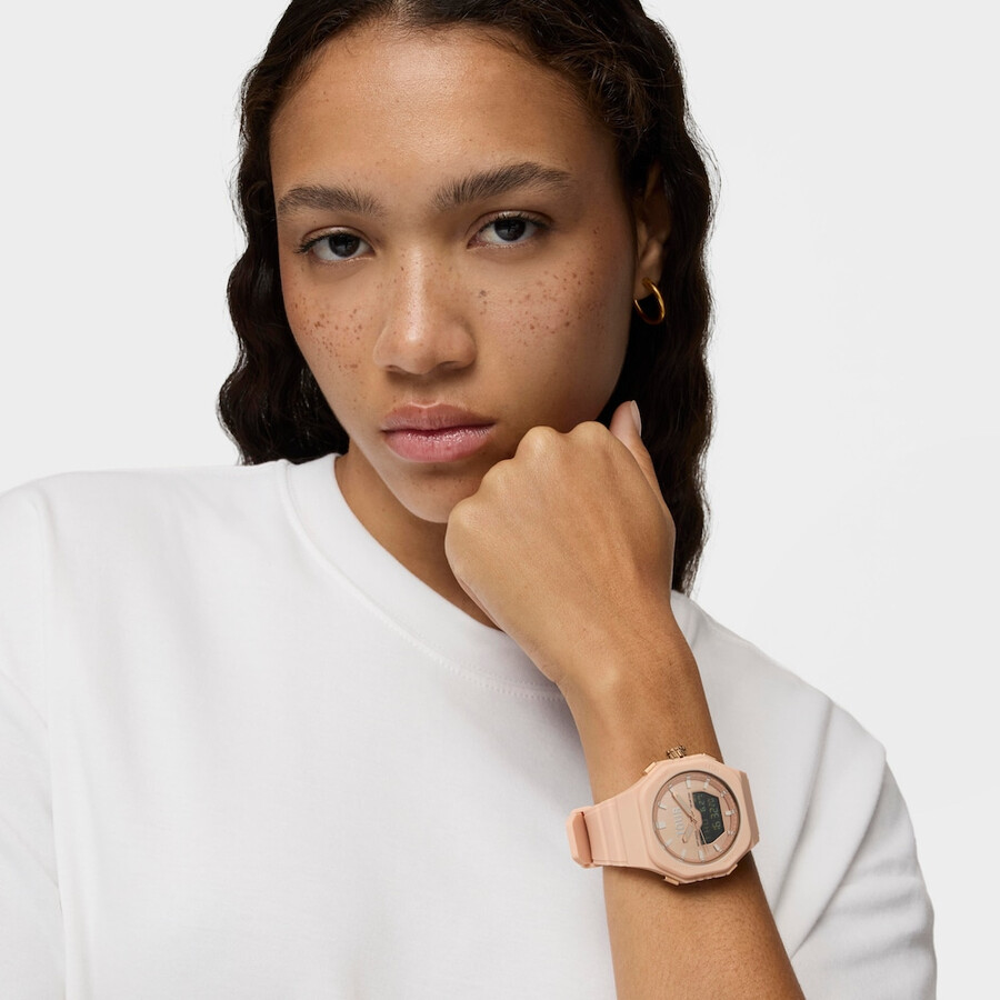 nudefarbene iprg-stahl-analog-digitaluhr mit rosa nylonarmband