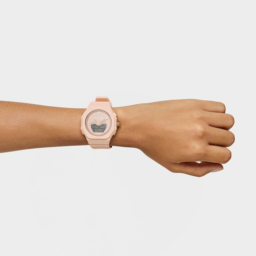 nudefarbene iprg-stahl-analog-digitaluhr mit rosa nylonarmband