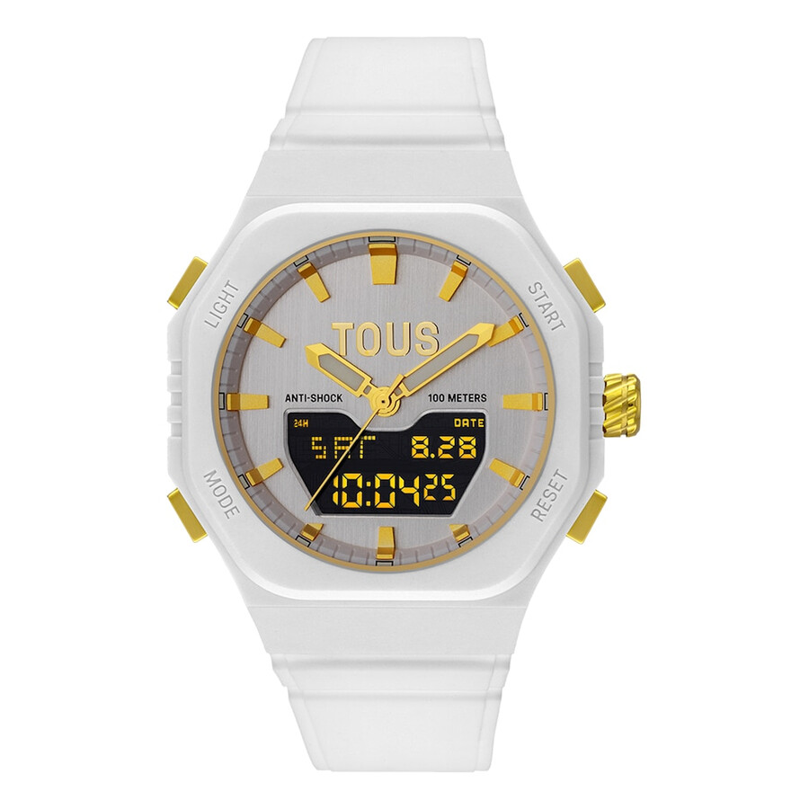 goldfarbene ipg-stahl-analogdigital-uhr mit weißem nylonarmband