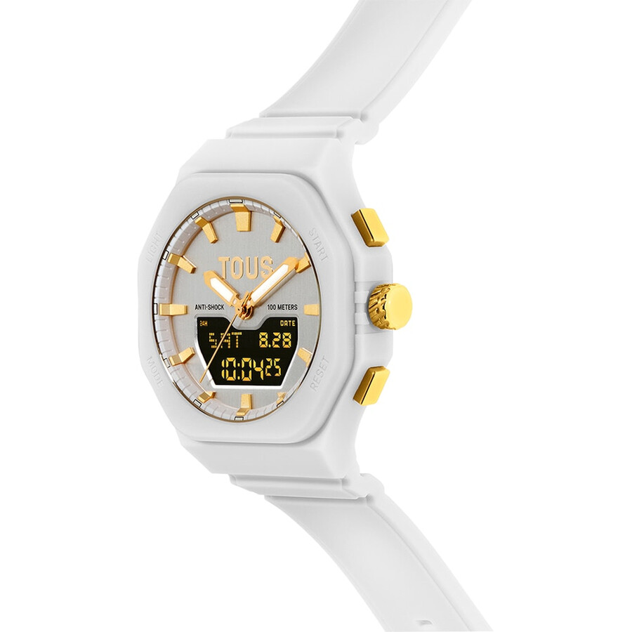 goldfarbene ipg-stahl-analogdigital-uhr mit weißem nylonarmband