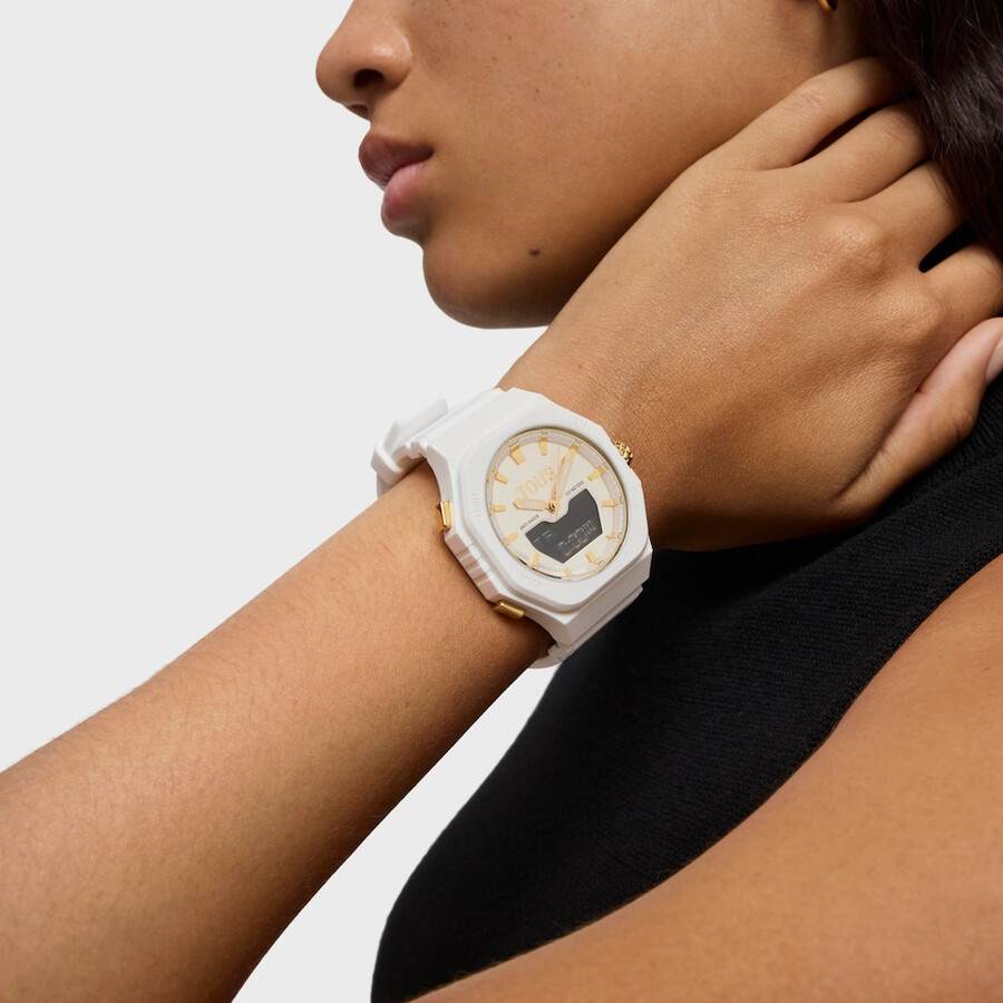 goldfarbene ipg-stahl-analogdigital-uhr mit weißem nylonarmband
