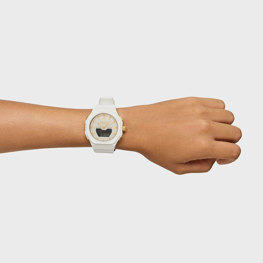 goldfarbene ipg-stahl-analogdigital-uhr mit weißem nylonarmband