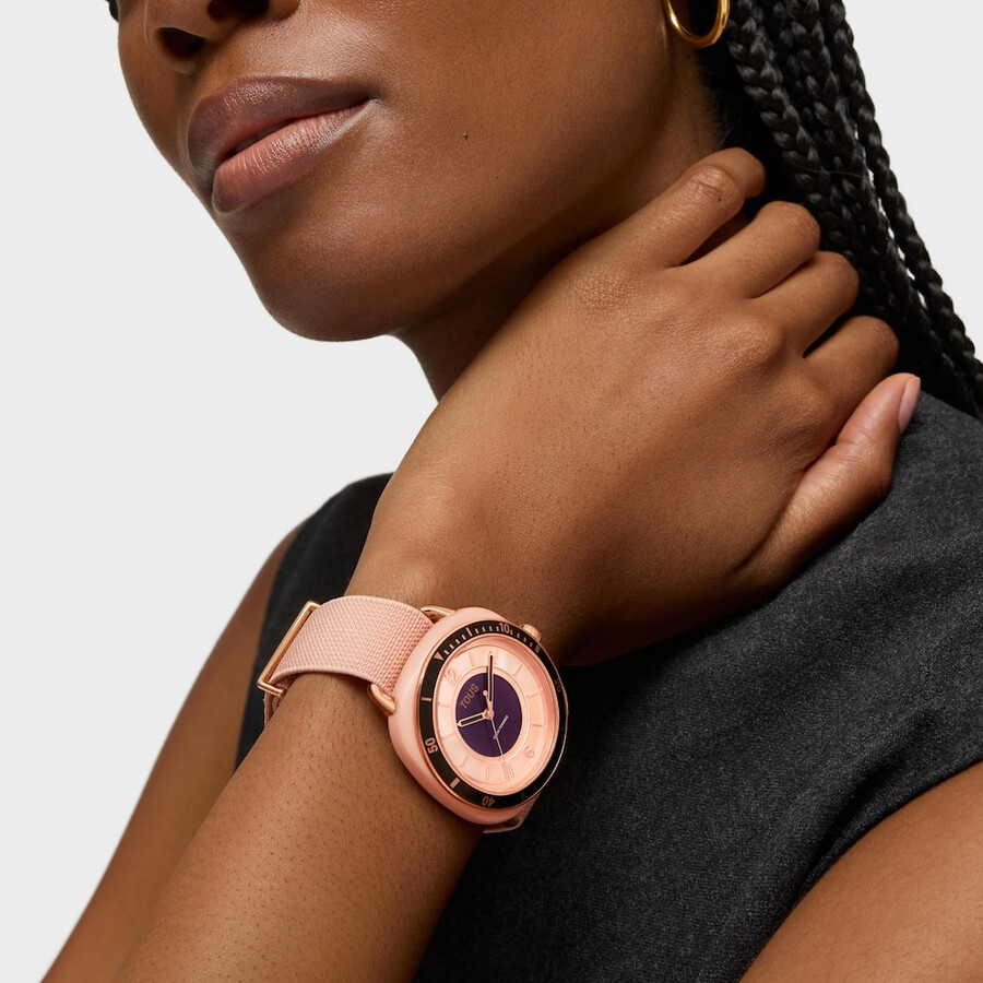 osier analoge armbanduhr aus hautfarbenem iprg-stahl mit rosafarbenem elastischem armband