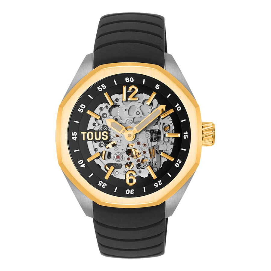 automatische analoge armbanduhr mit goldfarbenem ip-stahlgehäuse und schwarzem silikonarmband von tous now