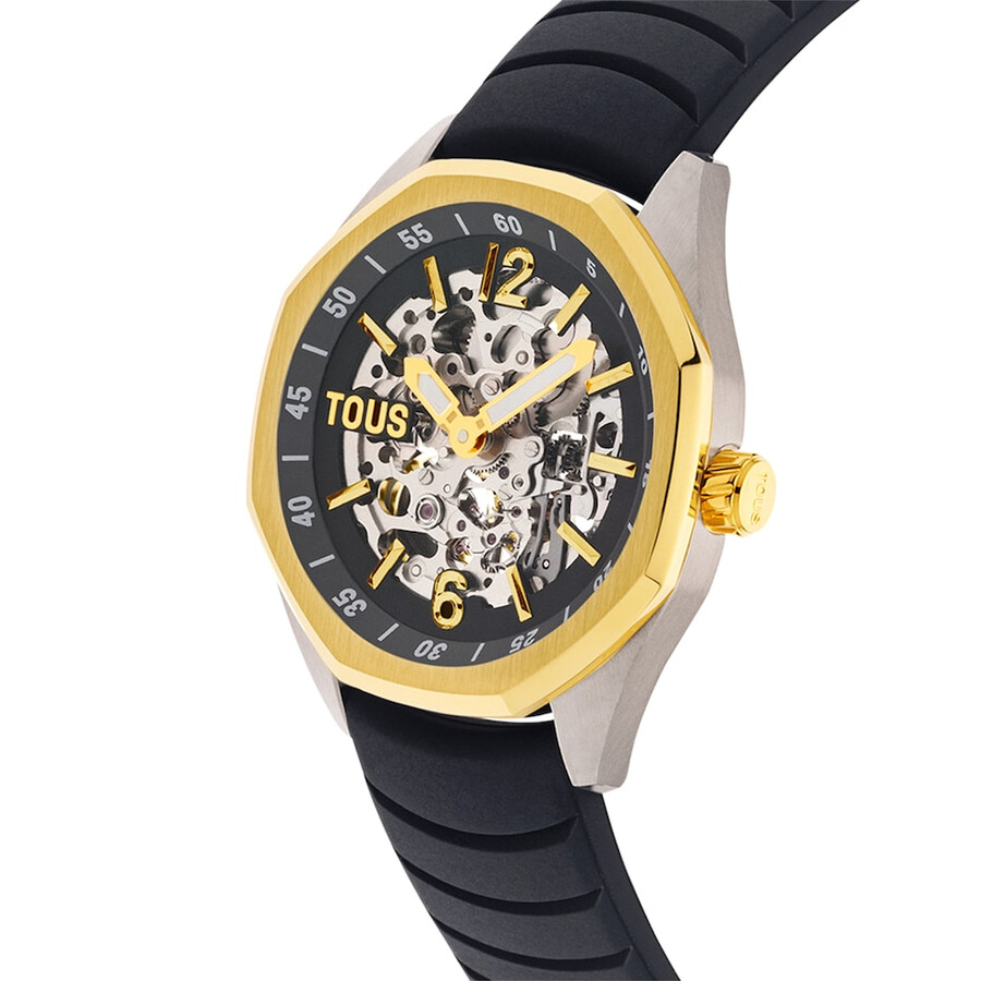 automatische analoge armbanduhr mit goldfarbenem ip-stahlgehäuse und schwarzem silikonarmband von tous now