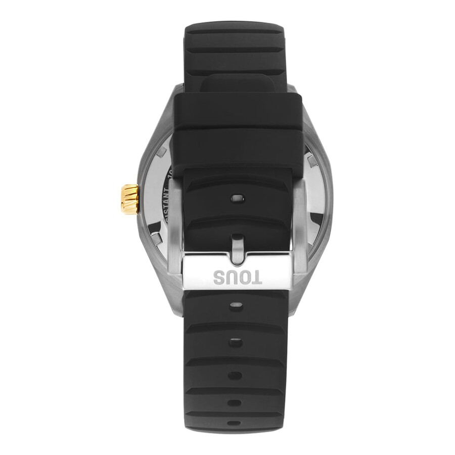automatische analoge armbanduhr mit goldfarbenem ip-stahlgehäuse und schwarzem silikonarmband von tous now