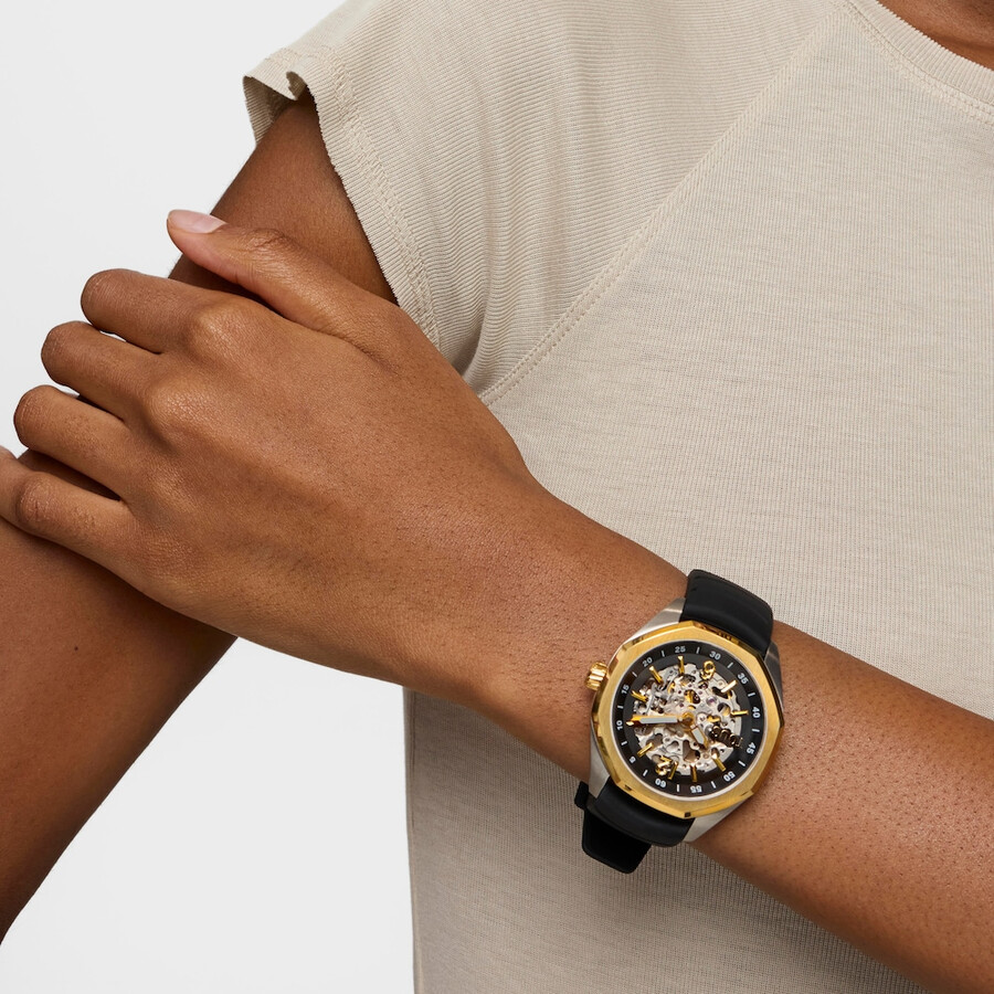 automatische analoge armbanduhr mit goldfarbenem ip-stahlgehäuse und schwarzem silikonarmband von tous now
