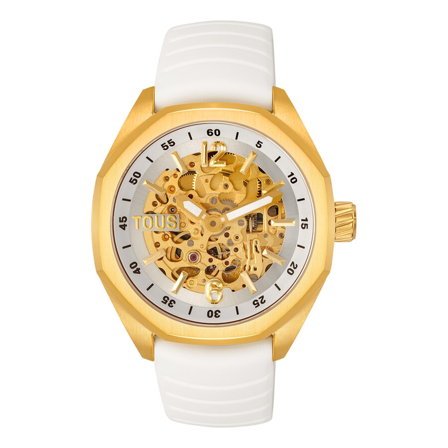 automatische analoge armbanduhr mit goldfarbenem ip-stahlgehäuse und weißem silikonarmband von tous now