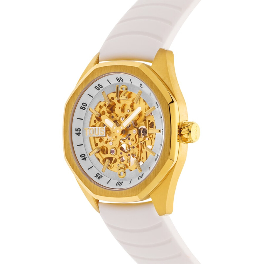 automatische analoge armbanduhr mit goldfarbenem ip-stahlgehäuse und weißem silikonarmband von tous now
