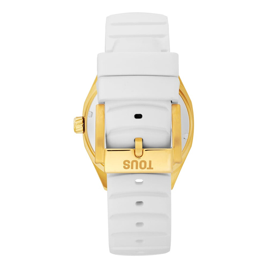 automatische analoge armbanduhr mit goldfarbenem ip-stahlgehäuse und weißem silikonarmband von tous now