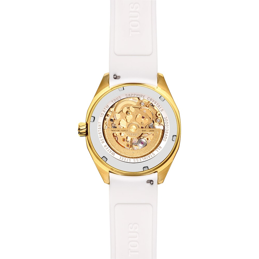 automatische analoge armbanduhr mit goldfarbenem ip-stahlgehäuse und weißem silikonarmband von tous now