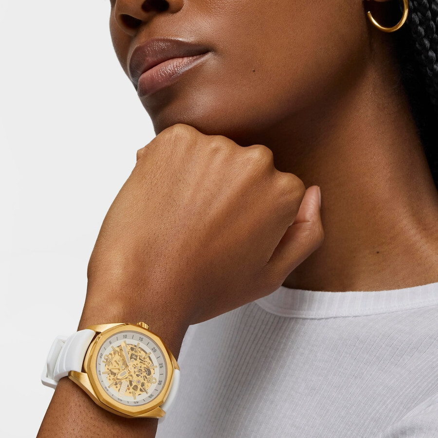 automatische analoge armbanduhr mit goldfarbenem ip-stahlgehäuse und weißem silikonarmband von tous now