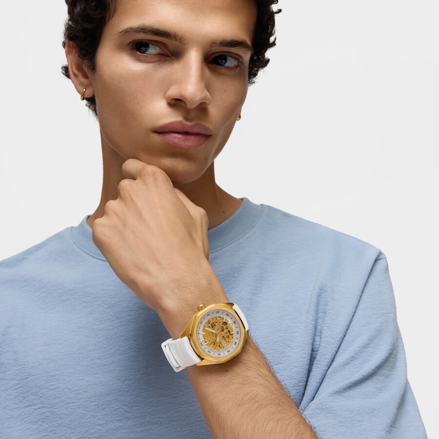 automatische analoge armbanduhr mit goldfarbenem ip-stahlgehäuse und weißem silikonarmband von tous now