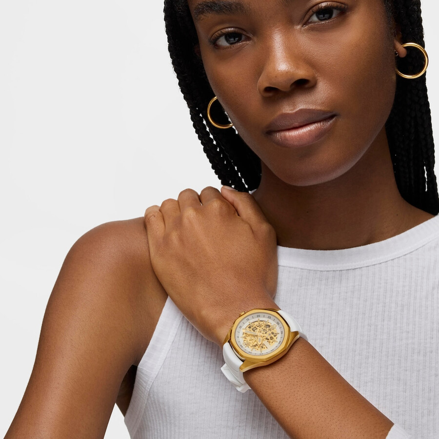 automatische analoge armbanduhr mit goldfarbenem ip-stahlgehäuse und weißem silikonarmband von tous now