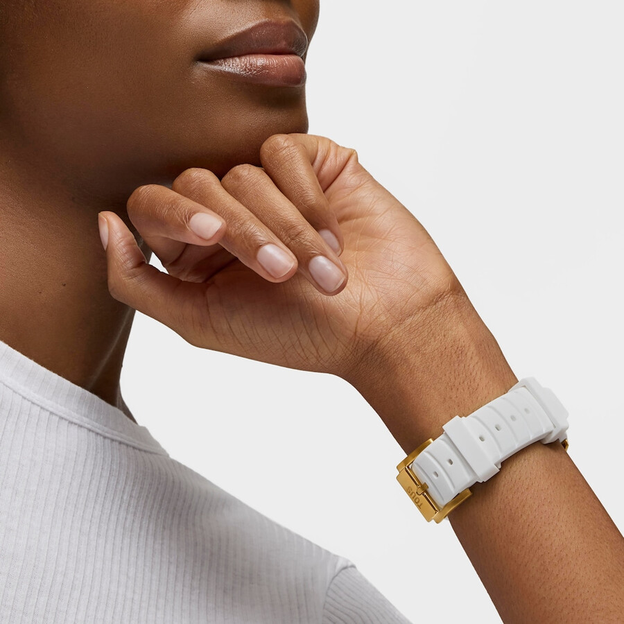 automatische analoge armbanduhr mit goldfarbenem ip-stahlgehäuse und weißem silikonarmband von tous now