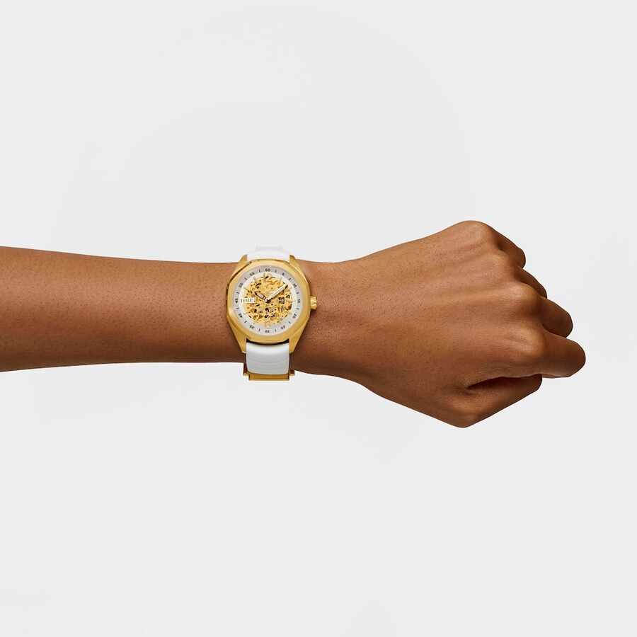 automatische analoge armbanduhr mit goldfarbenem ip-stahlgehäuse und weißem silikonarmband von tous now