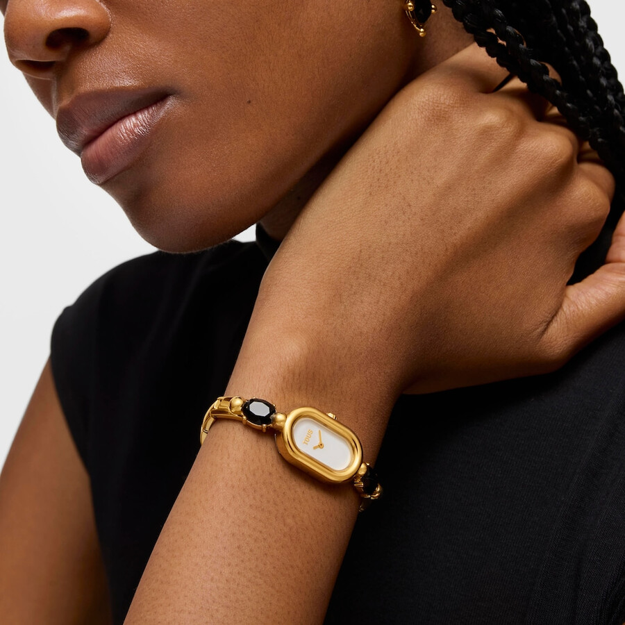 analoge uhr mit goldfarbenem ipg-stahlarmband und onyxfarbenem tous color-armband