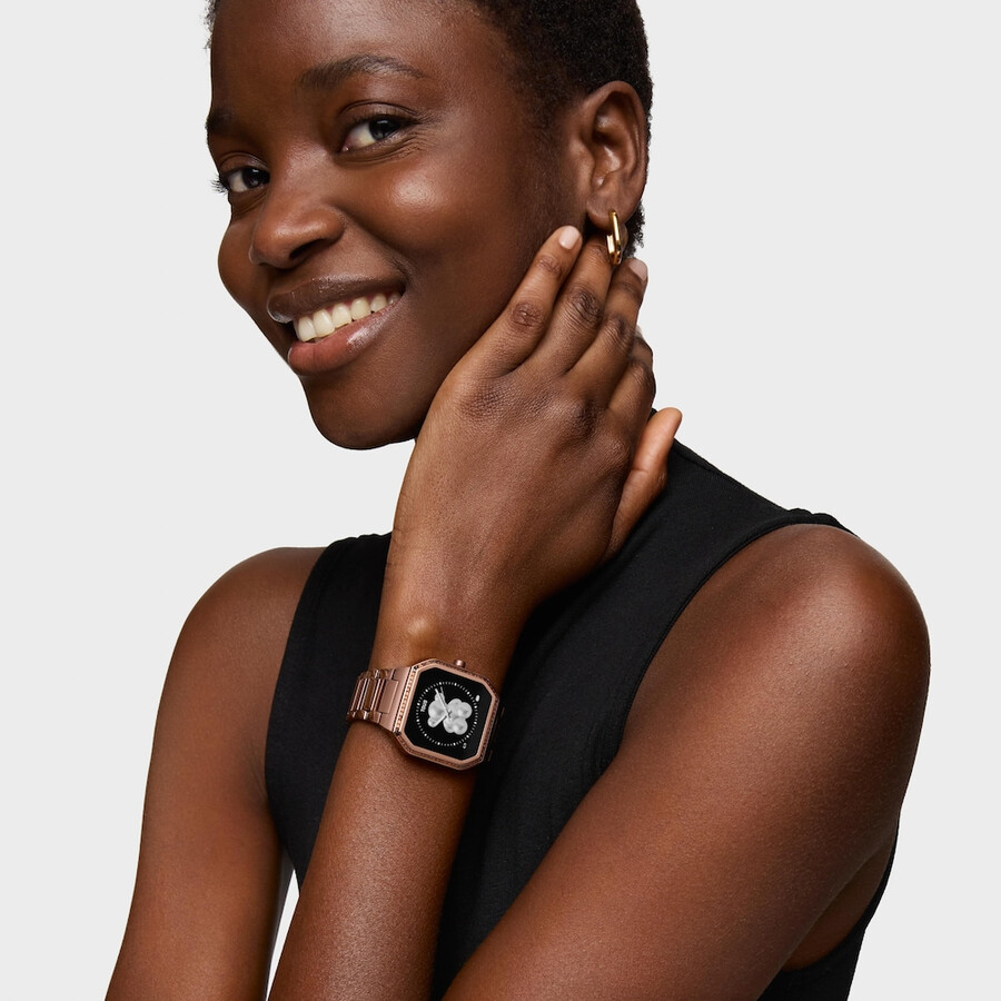 smartwatch mit braunem stahlarmband und zirkonia-fassung von b-connect