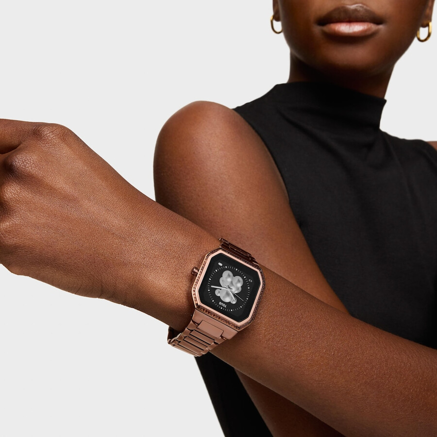 smartwatch mit braunem stahlarmband und zirkonia-fassung von b-connect