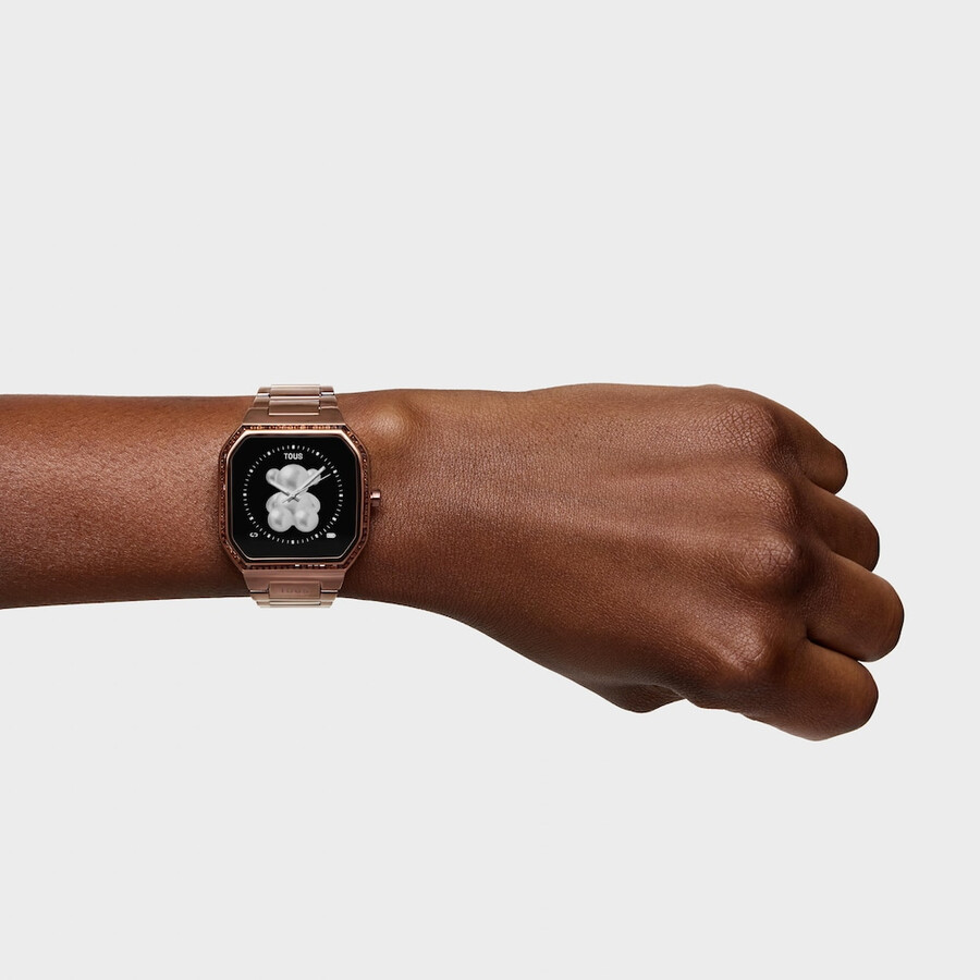 smartwatch mit braunem stahlarmband und zirkonia-fassung von b-connect