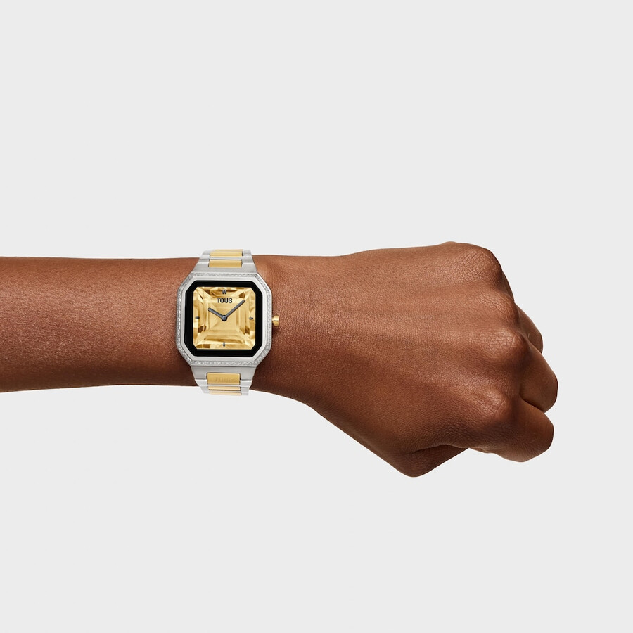 smartwatch mit stahlarmband und goldfarbenem stahl und zirkonia b-connect