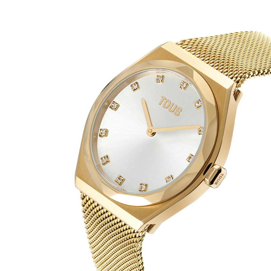analoge armbanduhr mit goldfarbenem edelstahlarmband karat round mesh