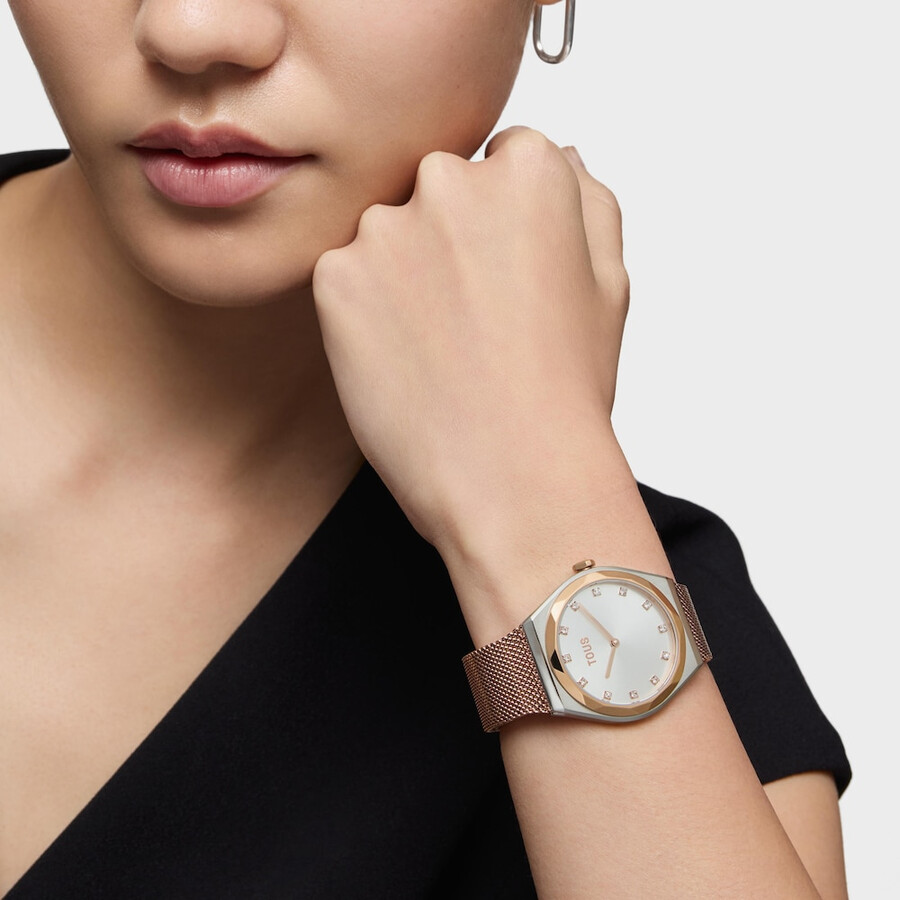 analoge armbanduhr aus roségoldenem edelstahl mit edelstahlarmband karat round mesh