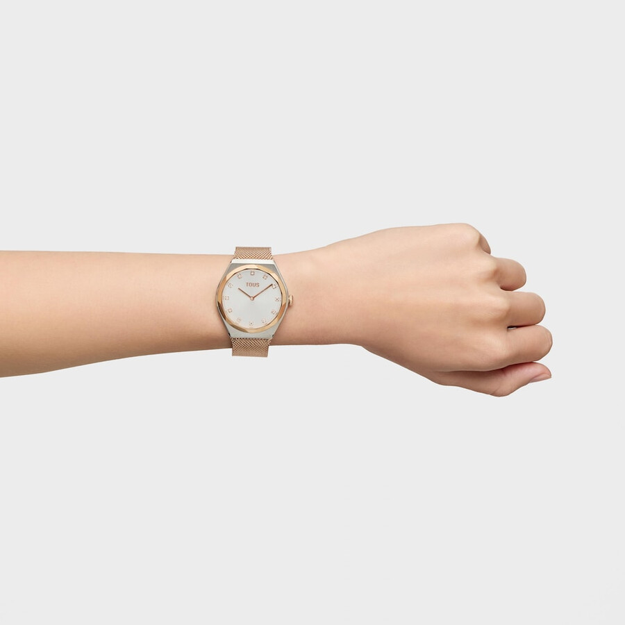 analoge armbanduhr aus roségoldenem edelstahl mit edelstahlarmband karat round mesh