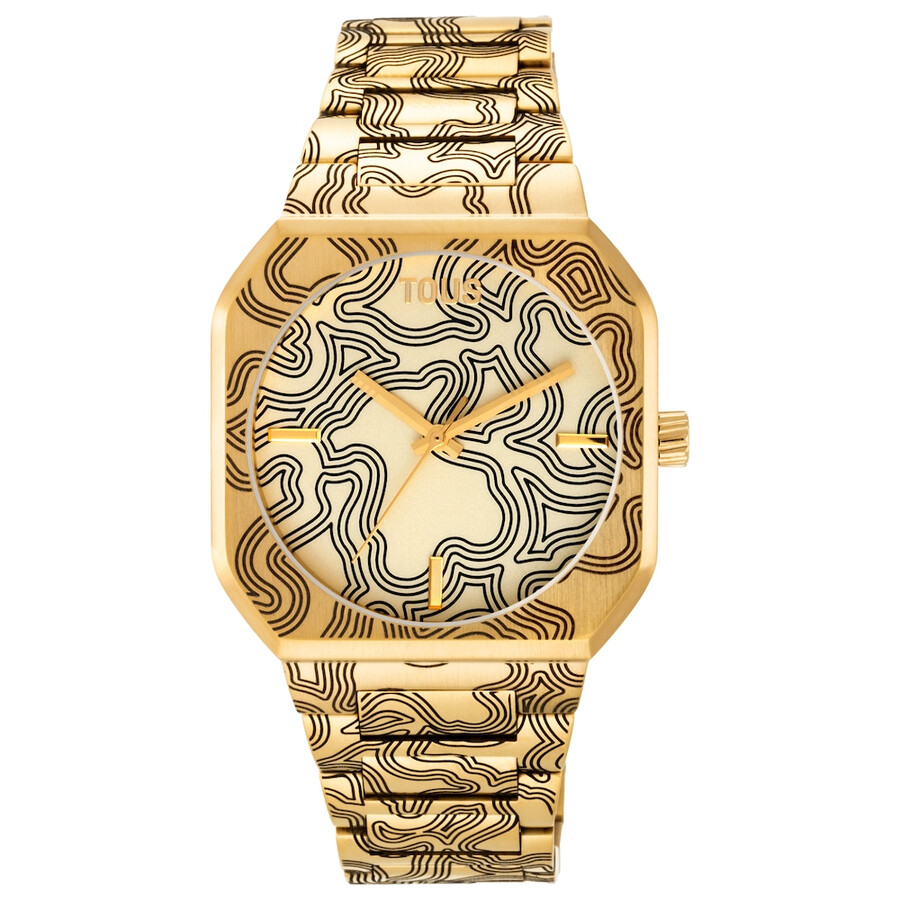 analoge uhr mit goldfarbenem geprägtem stahlarmband