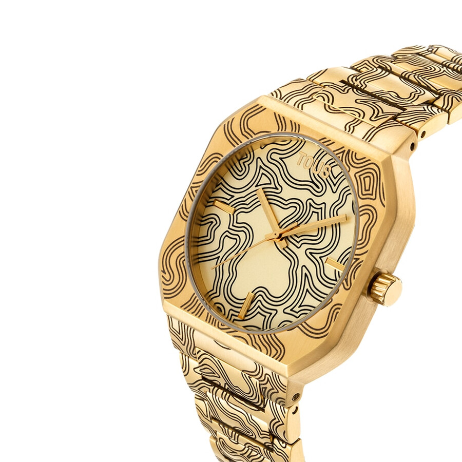 analoge uhr mit goldfarbenem geprägtem stahlarmband
