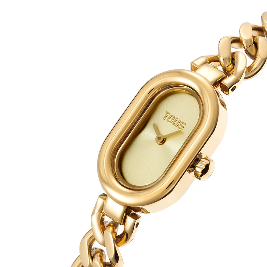 analoge armbanduhr mit schmucksteinen und goldfarbenem stahlarmband ovale zeitzone