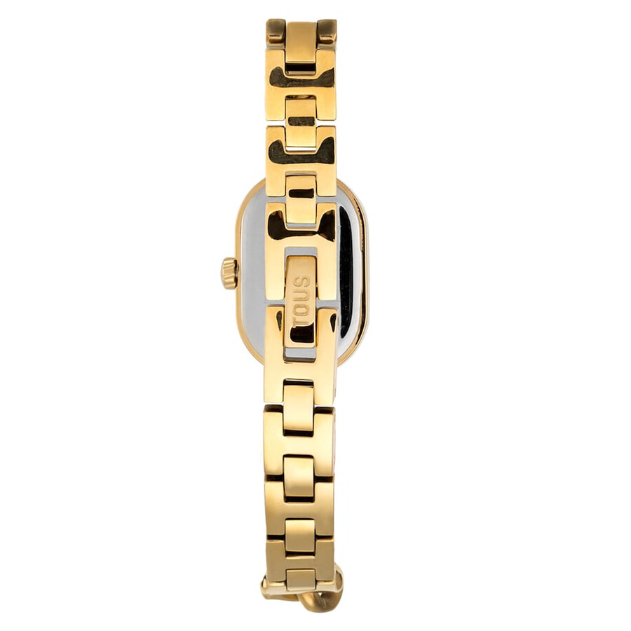 analoge armbanduhr mit schmucksteinen und goldfarbenem stahlarmband ovale zeitzone