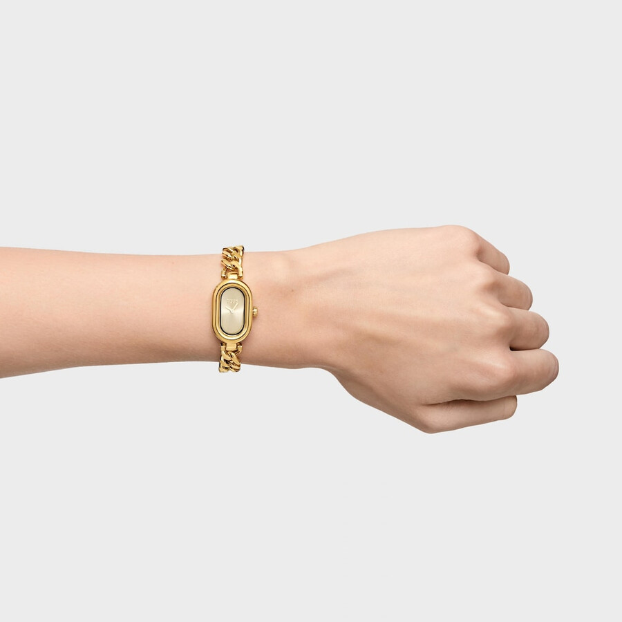 analoge armbanduhr mit schmucksteinen und goldfarbenem stahlarmband ovale zeitzone