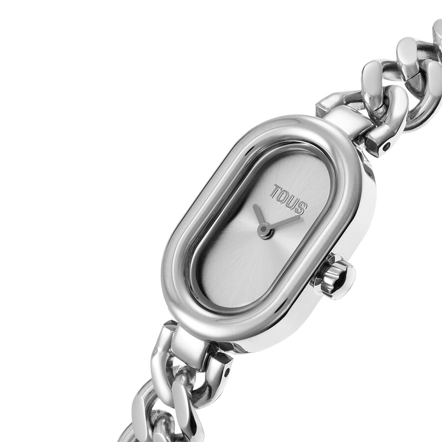 analoge armbanduhr mit schmucksteinen und stahlarmband ovale zeitanzeige