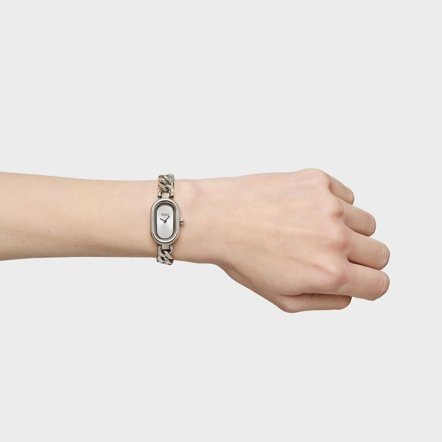 analoge armbanduhr mit schmucksteinen und stahlarmband ovale zeitanzeige