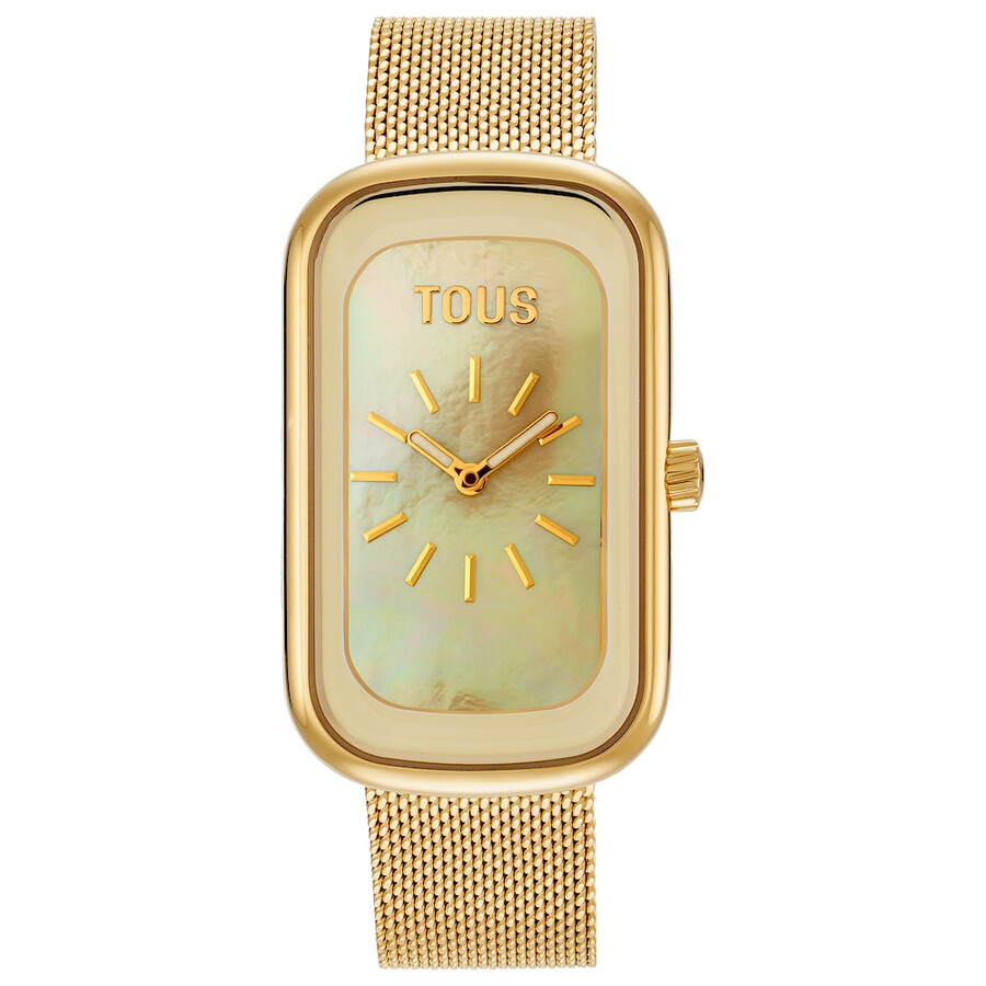 analoge armbanduhr mit perlmuttzifferblatt und goldfarbenem stahlarmband t-band club