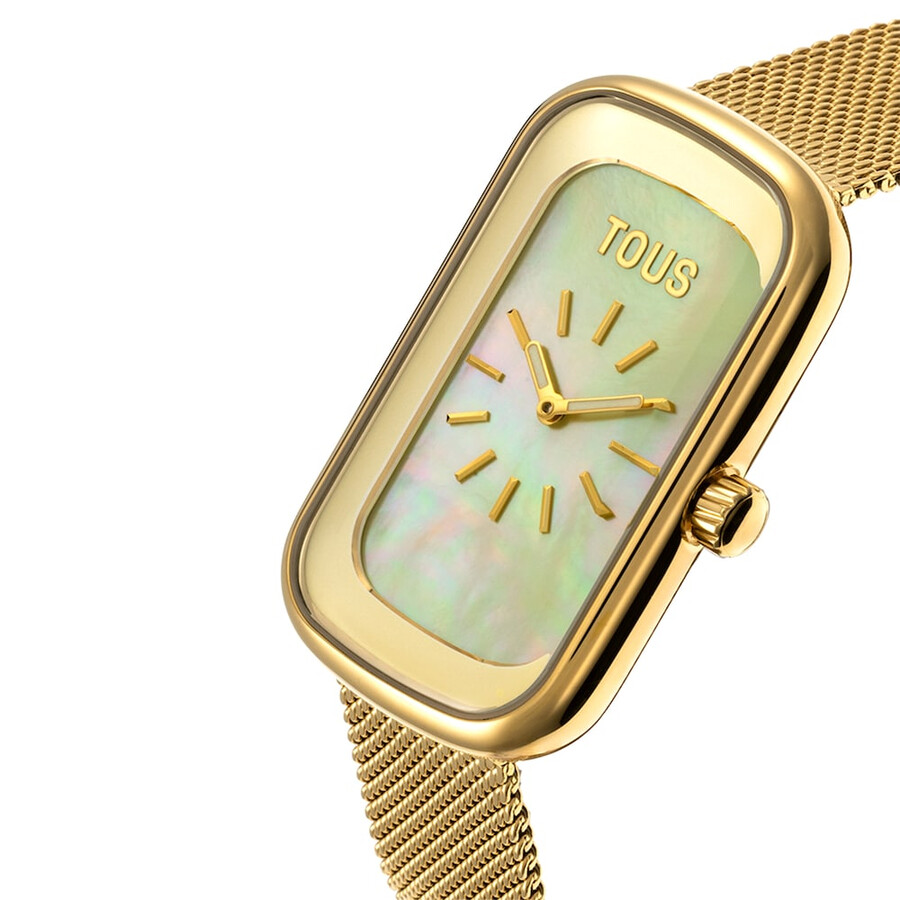 analoge armbanduhr mit perlmuttzifferblatt und goldfarbenem stahlarmband t-band club