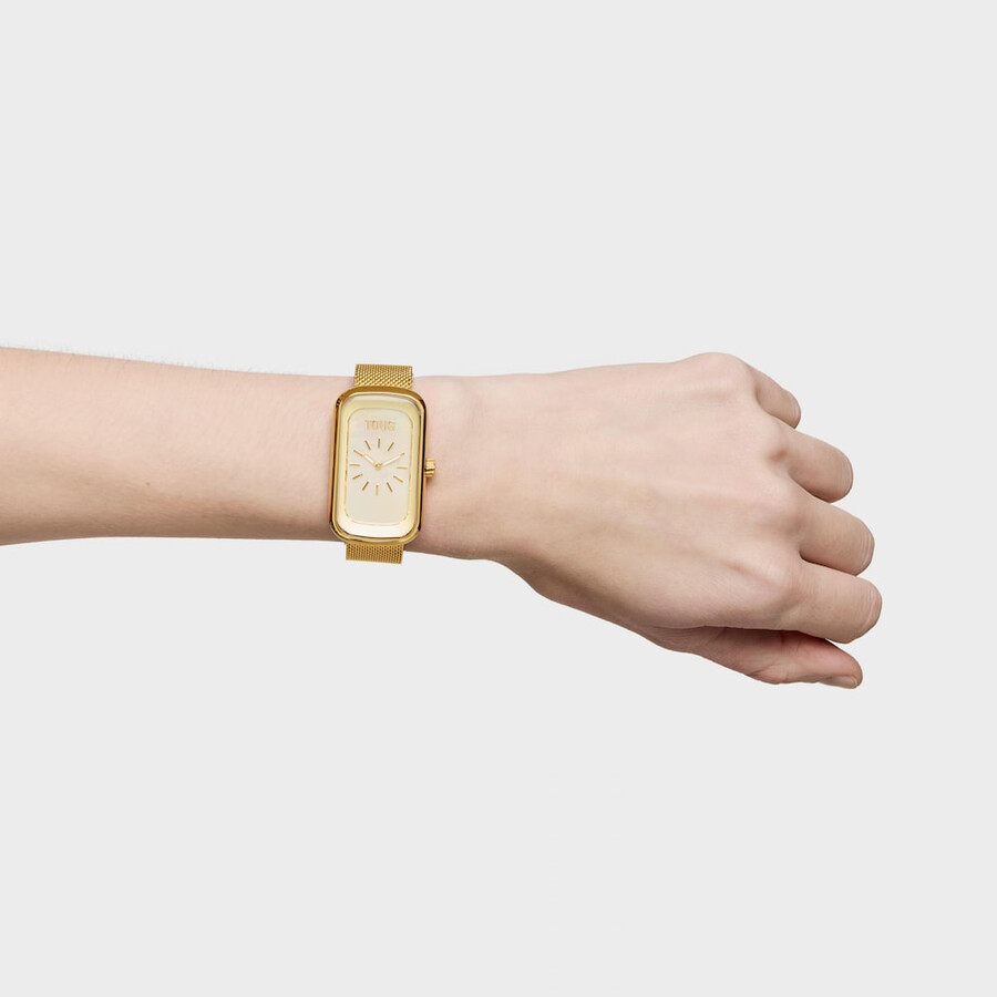 analoge armbanduhr mit perlmuttzifferblatt und goldfarbenem stahlarmband t-band club
