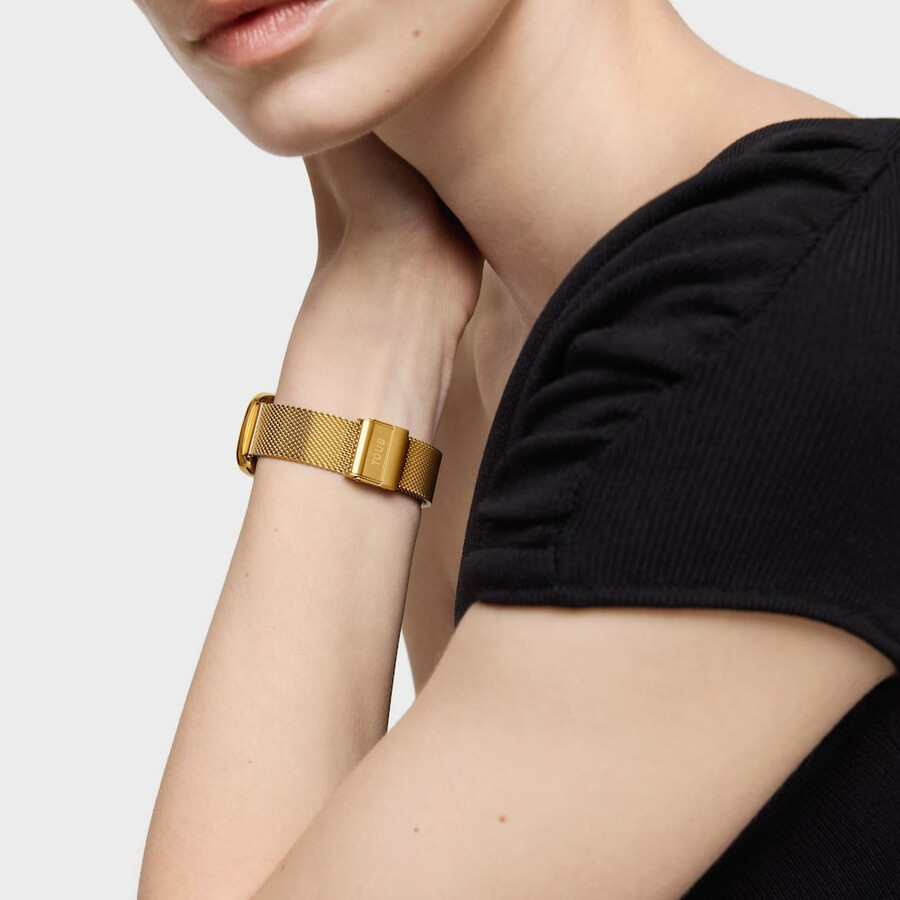 analoge armbanduhr mit perlmuttzifferblatt und goldfarbenem stahlarmband t-band club