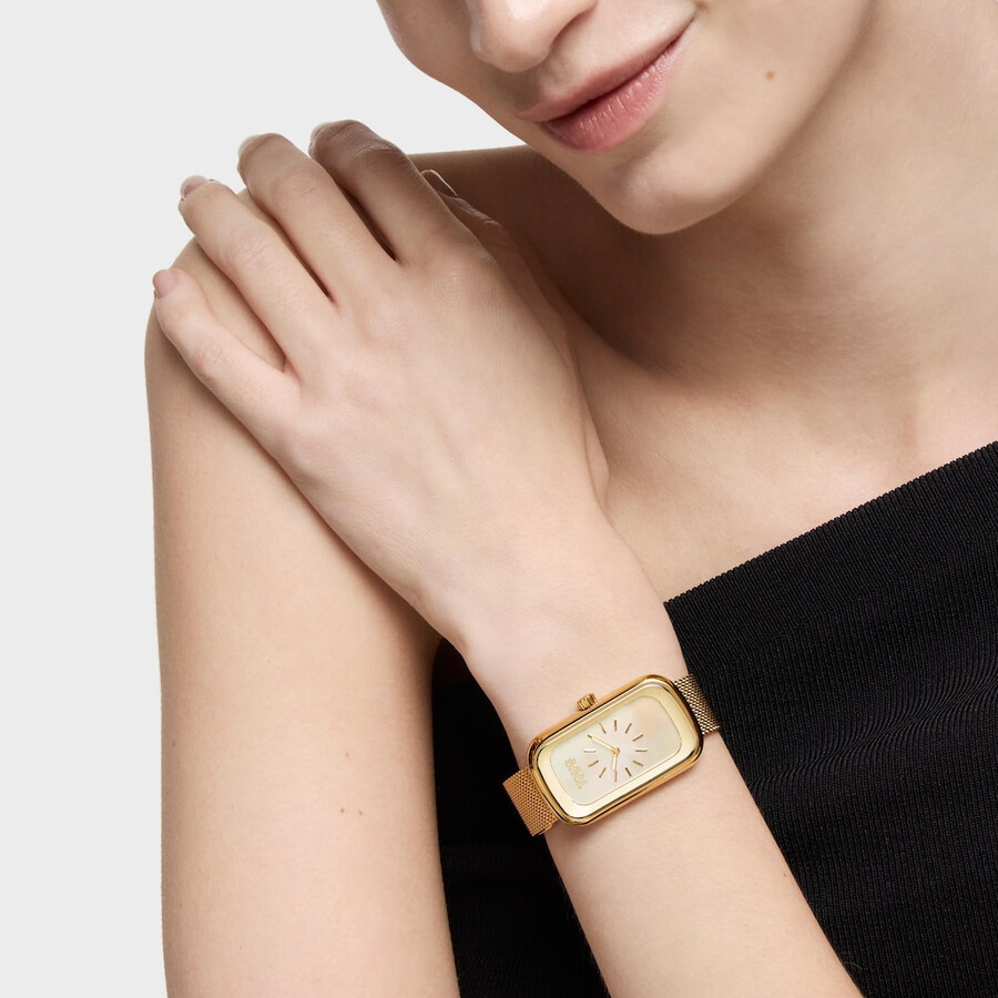 analoge armbanduhr mit perlmuttzifferblatt und goldfarbenem stahlarmband t-band club