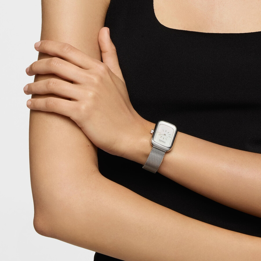 analoge armbanduhr mit perlmuttzifferblatt und stahlarmband t-band club