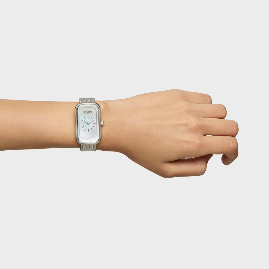 analoge armbanduhr mit perlmuttzifferblatt und stahlarmband t-band club
