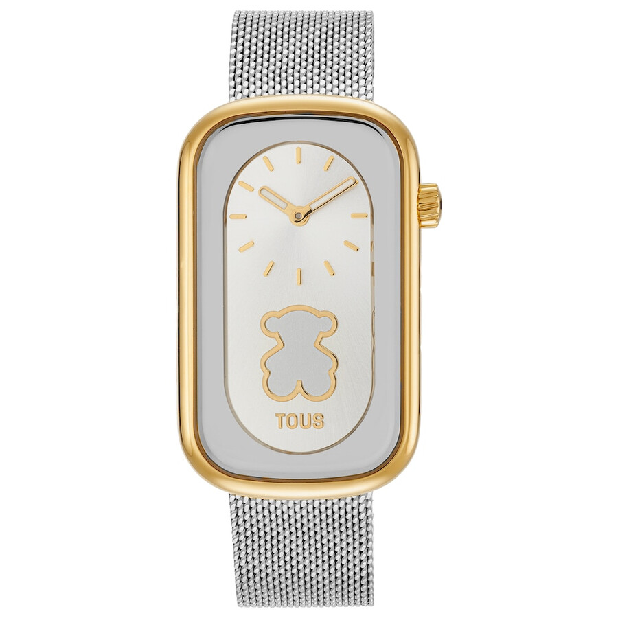zweifarbige analoge armbanduhr mit bärensilhouette und stahlarmband t-band club